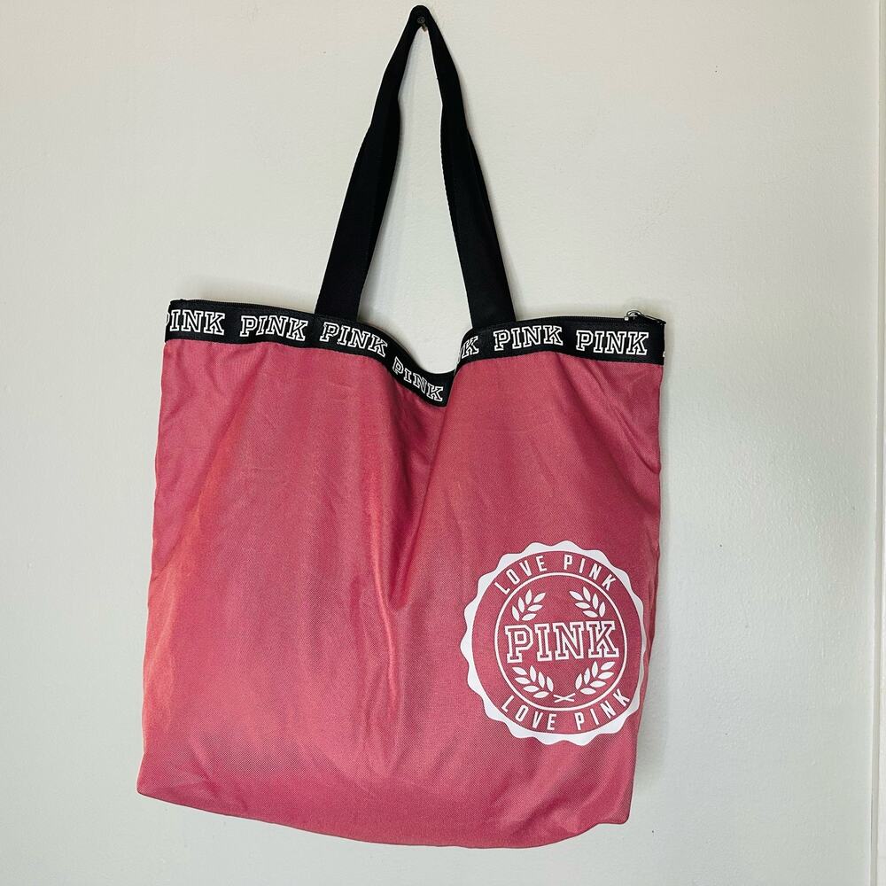VICTORIA’S SECRET Pink Women's White Pink Rose Beach Logo Double Strap Tote Bag